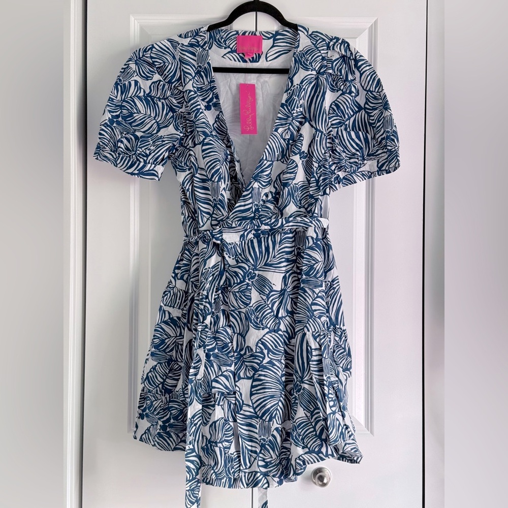 NWT Lilly Pulitzer Alexandria Elbow Sleeve Aegean Navy Beach Path Wrap Dress 16